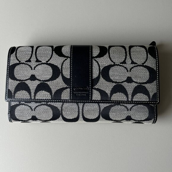 COACH Black Grey Logo Canvas Tri-Fold Wallet Snap Closure w/ Checkbook y2k vntg - Picture 1 of 16